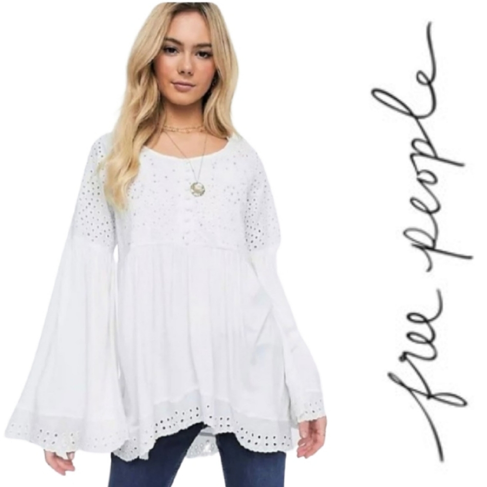 Free People Sea Of Love Bell Sleeve Sequin Eyelet Top In Ivory